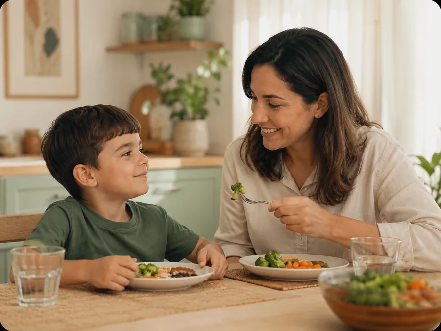 Mãe e filho sorrindo durante uma refeição tranquila